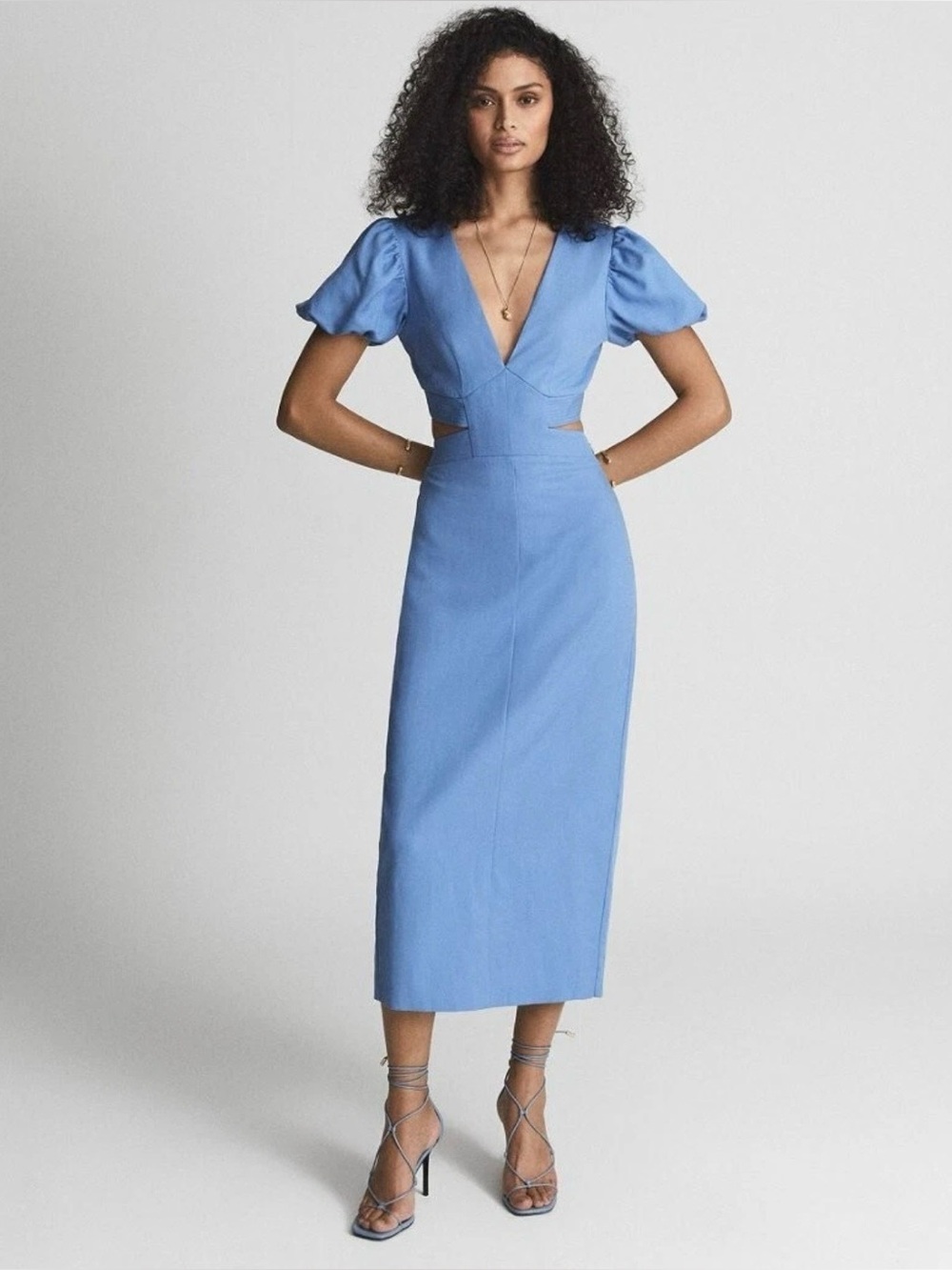 REISS Jennah Puff Sleeve Cut Out Back Midi Dress size 4